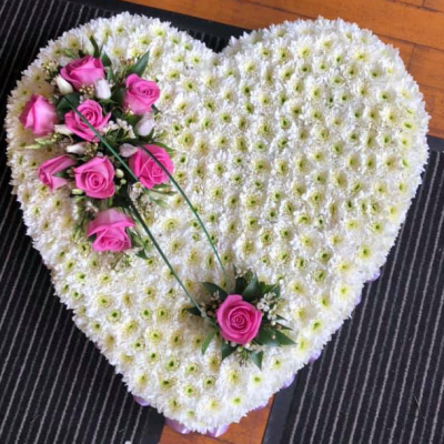 Pink Massed Heart - A heart-shaped floral arrangement with white flowers and pink accents. Ideal for expressing deep sympathy and love.