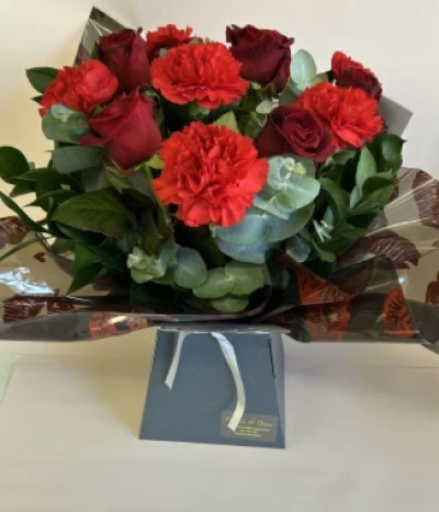 Simply Red Rose and Carnation - 6 Red Roses and 6 Red Carnations with foliage